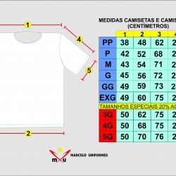 Tabela de medidas de camisetas e polos